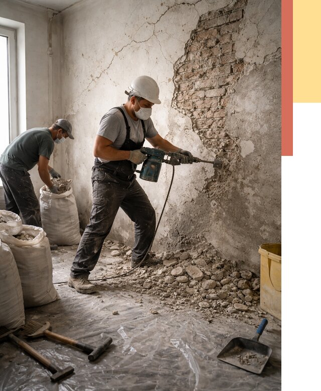 Демонтаж штукатурки со стен в Костомукше от 7345 руб/м² — быстро и недорого | ОТДЕЛОЧНИК-Ктм