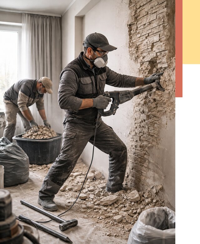 Демонтаж декоративного камня в Костомукше от 1479 руб/м² — быстро и недорого | ОТДЕЛОЧНИК-Ктм