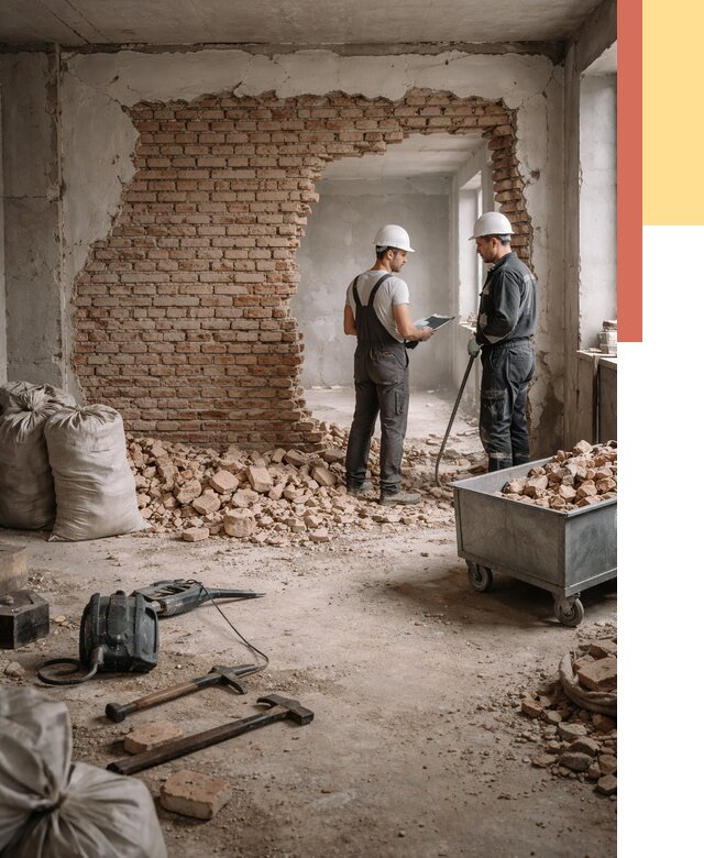 Демонтаж кирпичных стен в Костомукше от 4285 руб. — быстро, недорого, под ключ | ОТДЕЛОЧНИК-Ктм