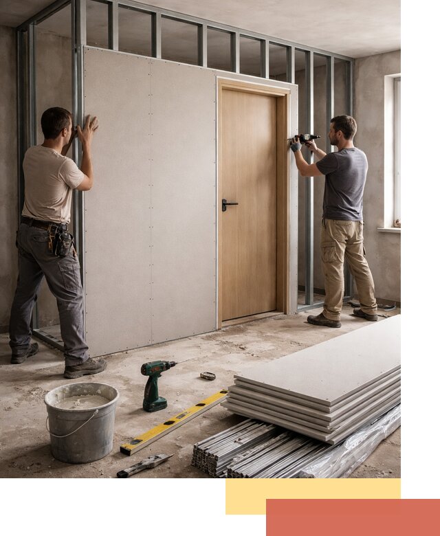 Перегородка из гипсокартона с дверью под ключ в Костомукше