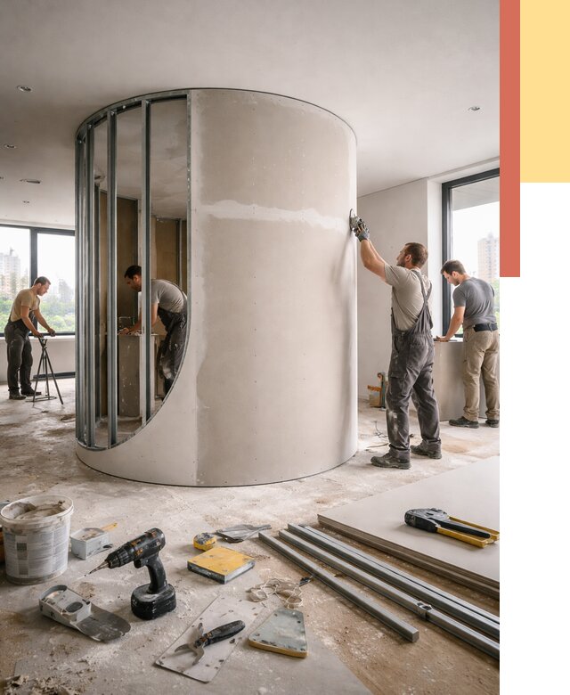 Радиусная перегородка из гипсокартона в Костомукше от 2959 руб. под ключ | ОТДЕЛОЧНИК-Ктм