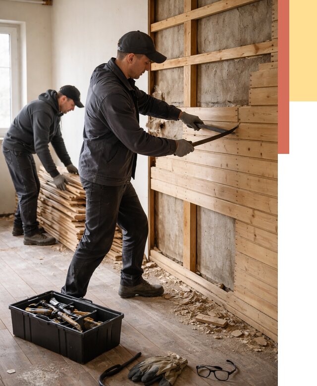 Демонтаж вагонки в Костомукше от 3877 руб/м2 — быстро и недорого | ОТДЕЛОЧНИК-Ктм