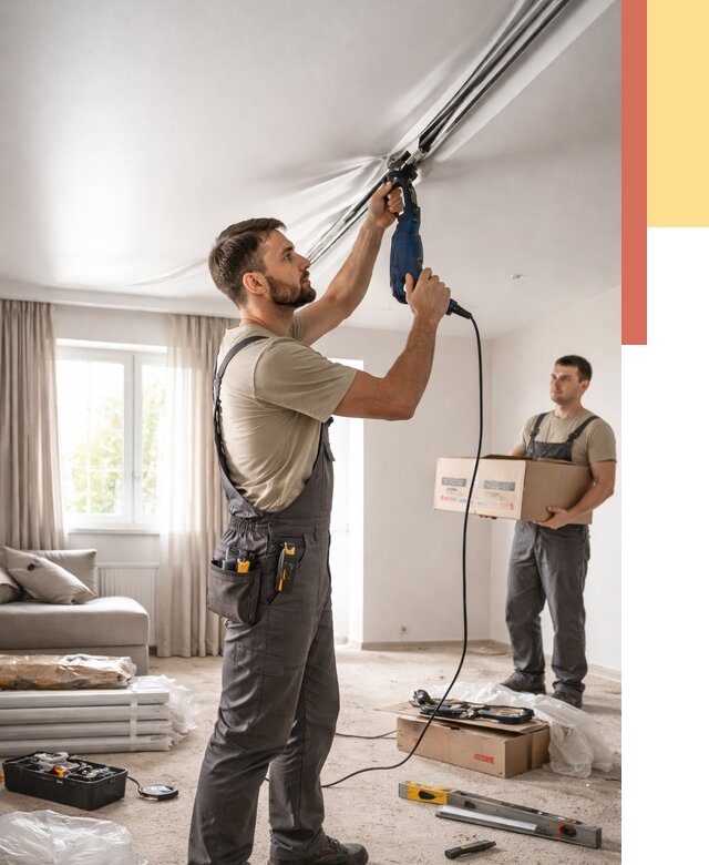 Монтаж сатинового натяжного потолка в Костомукше от 3571 руб. | Быстро, недорого — ОТДЕЛОЧНИК-Ктм