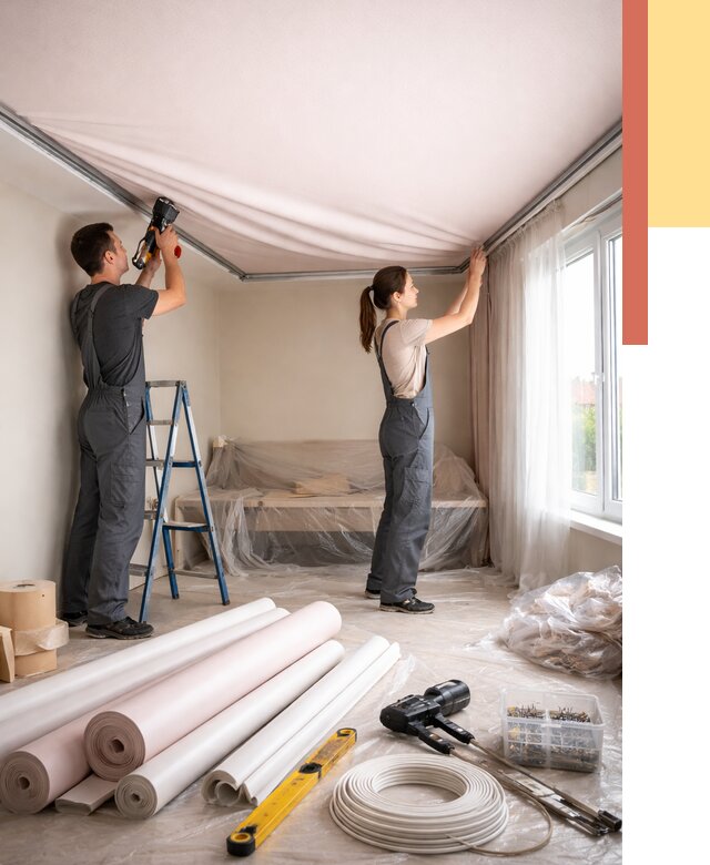 Монтаж цветного натяжного потолка в Костомукше от 4285 руб/м² — быстро и недорого | ОТДЕЛОЧНИК-Ктм