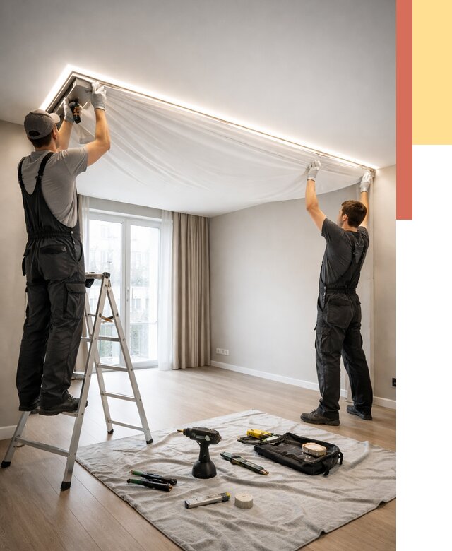 Монтаж парящего натяжного потолка в Костомукше от 4591 руб. быстро и недорого | ОТДЕЛОЧНИК-Ктм