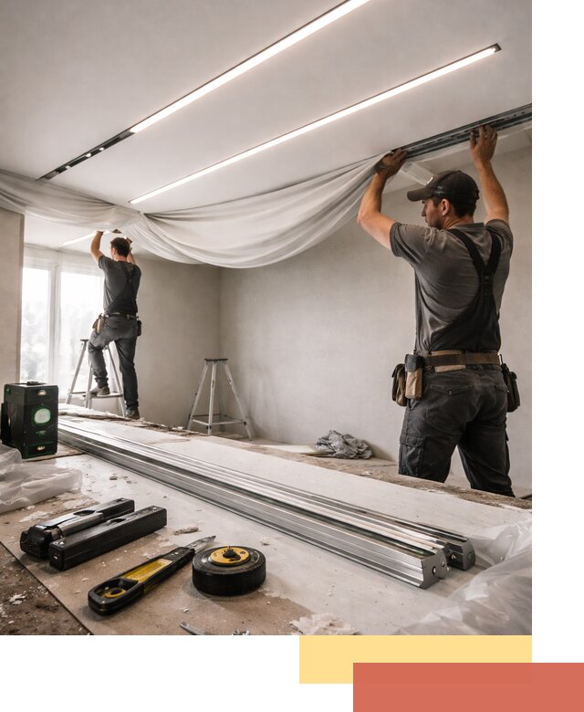 Монтаж натяжных потолков со световыми линиями в Костомукше