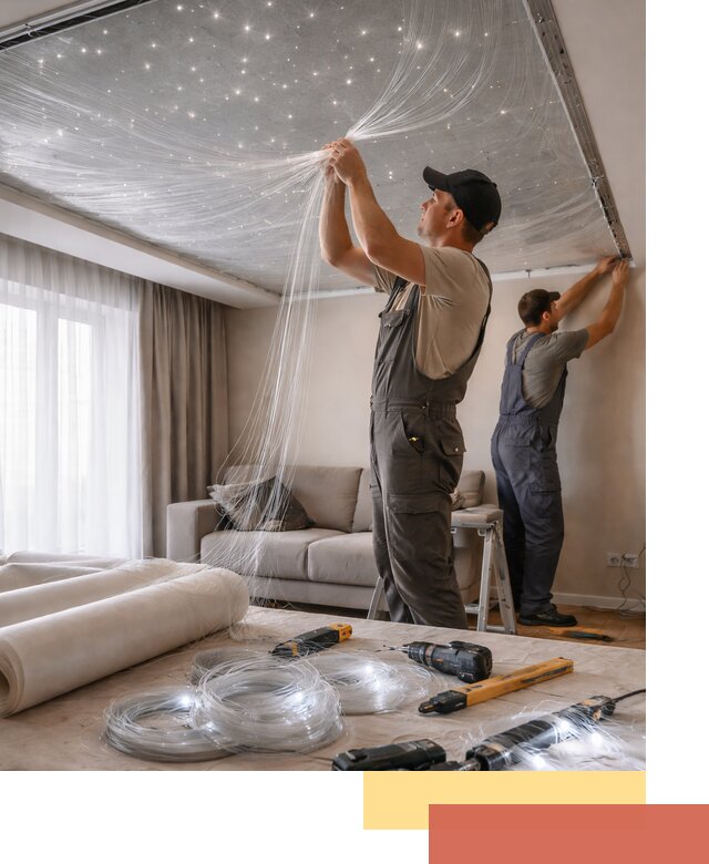 Монтаж натяжного потолка «Звездное небо» в Костомукше