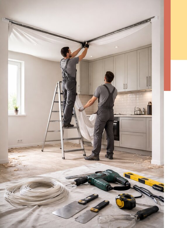 Установка натяжного потолка на кухне в Костомукше от 2448 руб. | ОТДЕЛОЧНИК-Ктм