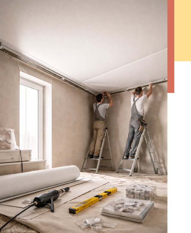 Монтаж натяжного потолка в спальне в Костомукше от 3877 руб. под ключ | ОТДЕЛОЧНИК-Ктм