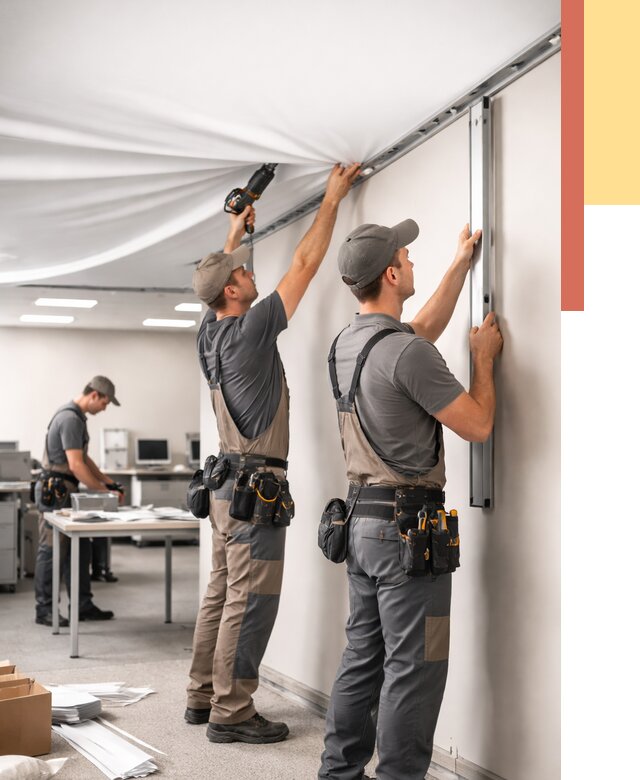 Монтаж натяжного потолка в офисе в Костомукше от 459 руб/м² — быстро и недорого | ОТДЕЛОЧНИК-Ктм