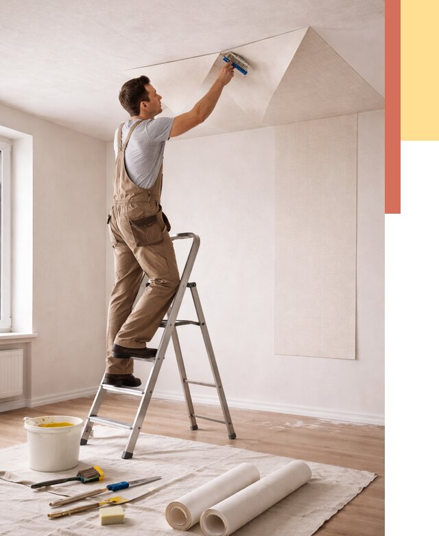 Поклейка обоев на потолок в Костомукше от 4591 руб. быстро и недорого | ОТДЕЛОЧНИК-Ктм